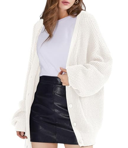QUALFORT Women's Oversized 100% Cotton Cardigan Sweater